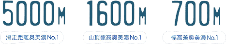 滑走距離奥美濃No.1 5,000m　山頂標高奥美濃No.1 1,600m　標高差奥美濃No.1 700m